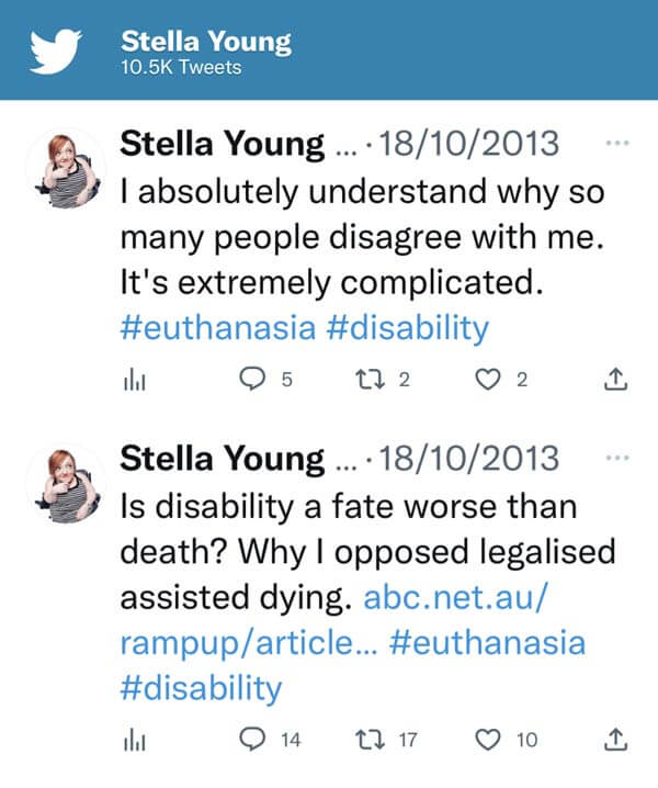 Stella's Tweet: Is disability a fate worse than death? Why I opposed legalised assisted dying. I absolutely understand why so many people disagree with me. It's extremely complicated