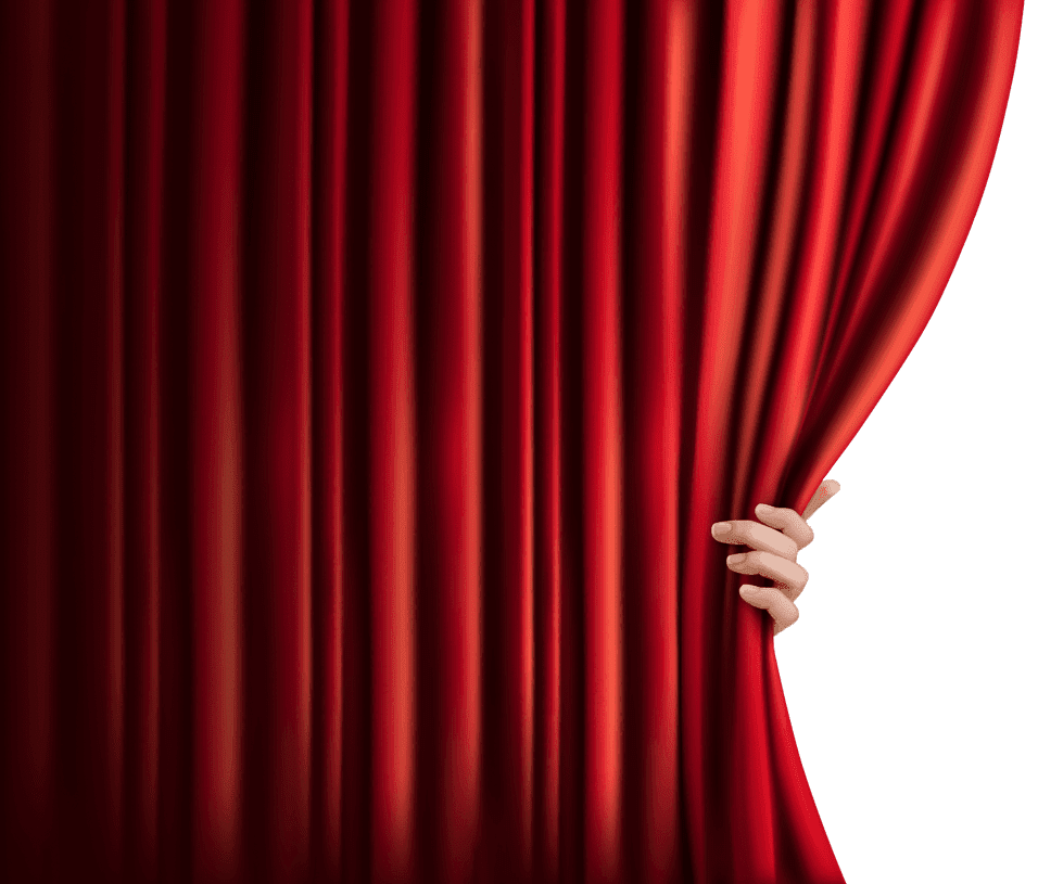 A red stage curtain being pulled open by a hand